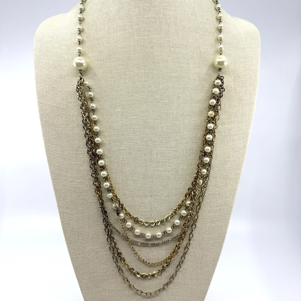 Multi-Strand Statement Necklace Faux Pearl Chain Layering Boho Festival Chic